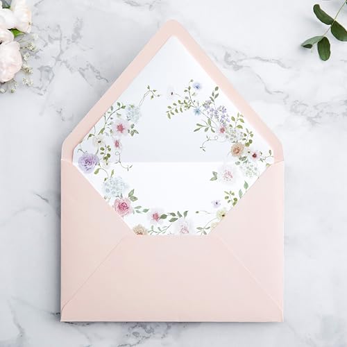PONATIA 50PCS A7 Euro Flap Envelopes, 5.25 x 7.25\'\' Blush Pink Flowers Liner Envelopes for 5x7 Wedding Invitations, Photos, Postcards, Greeting Cards, Christmas Gift Cards, Acrylic Mailing