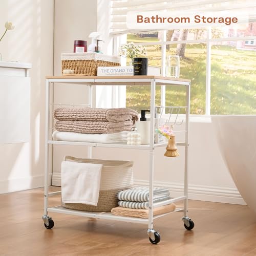 Holismo Rolling Kitchen Microwave Cart, 3 Tier Microwave Stand with Storage, Small Kitchen Island on Wheels, Wood and Mental Kitchen Shelf Rack, White Organizer for Living Room, Office, Balcony by Holismo - Used condition - Image 8