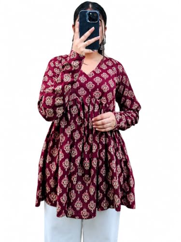 Image of Women's V Neck Anarkali Short Kurti for Women Full Sleeve Floral Print |Stylish Kurtis & Short Kurtis for Woman | Casual Kurti with Jeans | Kurtas for Woman