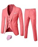 YND Men's Slim Fit 3 Piece Suit, One Button Jacket Vest Pants Set with Tie, Solid Party Wedding Dress Blazer, Tux Waistcoat and Trousers Pink