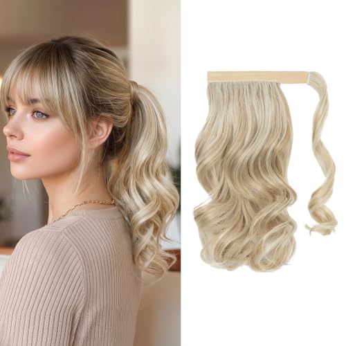 CJL HAIR 14" Short Ponytail Hair Extension Wrap Around Pony Tail Clip in Curly Wavy Synthetic Fake Hairpiece for Women Cream Blonde