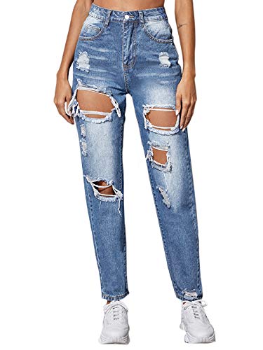 SweatyRocks Women s Cut Out Ripped Boyfriend Washed Jeans Distressed Denim Jeans Light Blue Medium