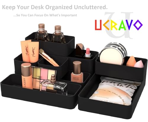 Image of UCRAVO Drawers Organisers Set - 8PCS Black Plastic Drawer Divider Organizer for Desk, Makeup, Jewelry & Kitchen Storage Bins, Drawer Organization for Bathroom, Bedroom & Office