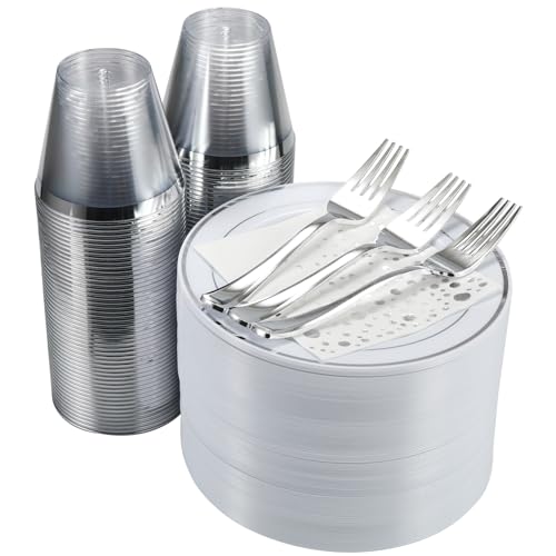 Silver Dessert Plates Set, 100 Plates, Cups, Forks and Napkins, 7.5 Inch