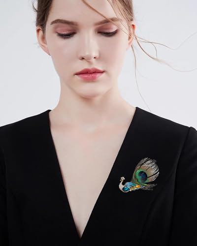 Image of Rhinestone Peacock Feather Brooch for Women Girls Gold Plated Fashion Artificial Blue Green Bird Animal Brooches Lapel Pins Hat Bag Suit Dress Accessories Wedding Anniversary Jewelry Gift