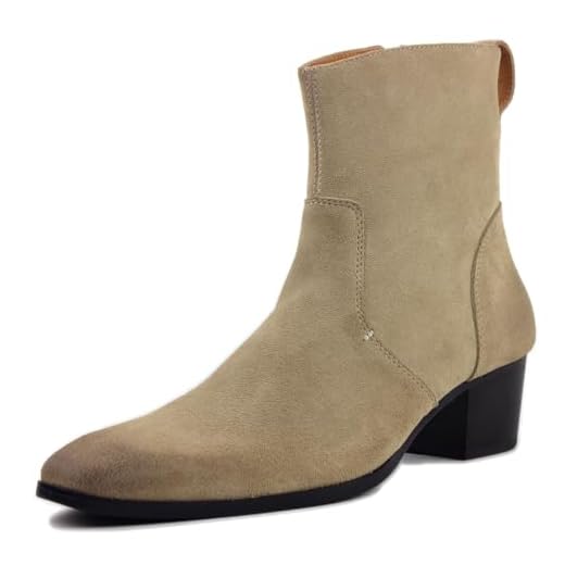 OSSTONE Bota social masculina de couro Chukka Designer Botas casuais de salto com zíper OS-JY002-US, Bege, 42