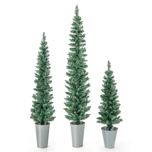 Goplus Set of 3 Artificial Christmas Tree, 3' 4' 5' Slim Pencil Xmas Tree with Silver Metal Buckets...