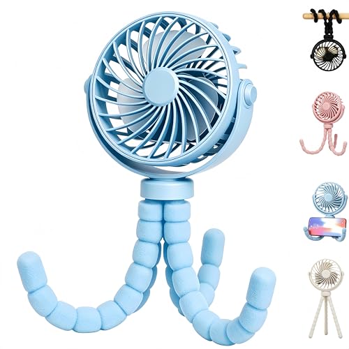 FindXeink 4.53 Inch USB Rechargeable Octopus Mini Fan, Flexible Tripod & Phone Holder, Quiet Safe Stroller Fan for Baby, Outdoor, Desktop & Handheld Use (Blue, Small)