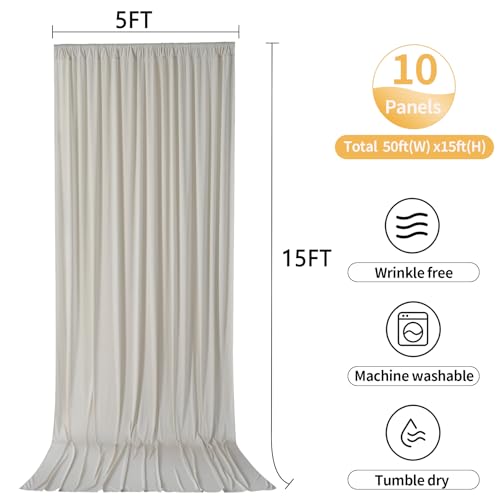Image of 50ftx15ft Beige Backdrop Curtains for Parties, Wrinkle Free Polyester Beige Photo Backdrop Drapes 10 Panels 15 ft Long Back Drop Cloth for Wedding Birthday Photography Background Party
