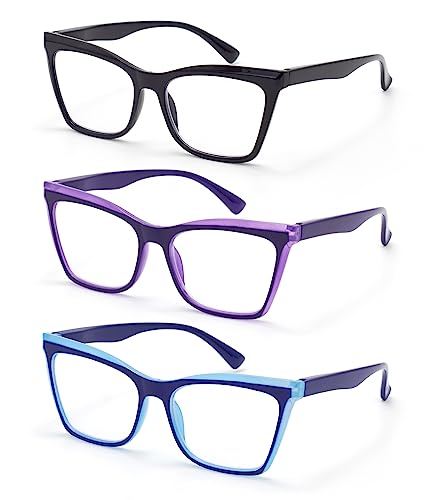 Autojouls 3-Pack Blue Light Blocking Reading Glasses for Women, Oprah Style Oversized Spring Hinge Readers Glasses (Black Sky-Blue Purple 1.0 x)
