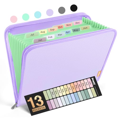 Sooez 13 Pocket Accordion File Organizer, Zipper Expanding File Folder Organizer, Reinforced Plastic Accordion Folder, A4 Letter Size, Portable Folders for Documents, Purple