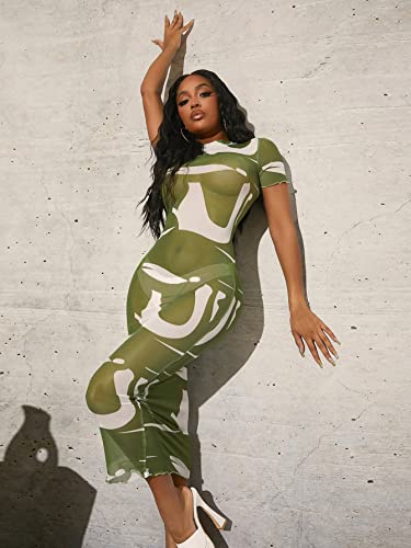 Soly Hux Women's Sexy Colorblock Lettuce Trim Sheer Mesh Mock Neck Short Sleeve Bodycon Dress Multicoloured S #TOP2
