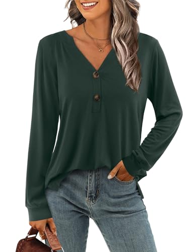 Beluring Bluse Damen Lässige V-Ausschnitt Tshirt Elegant Langarm Oberteile Dunkelgrün M