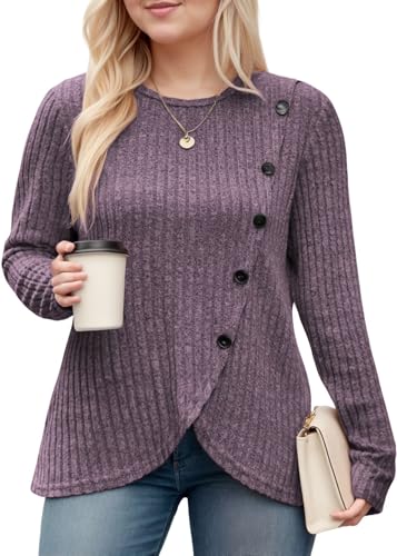 Image of DOLNINE Womens-Plus-Size-Tops Casual Long Sleeve Shirts Trendy Button Side Split Fall Cute Tunic Sweatshirts XL-5XL