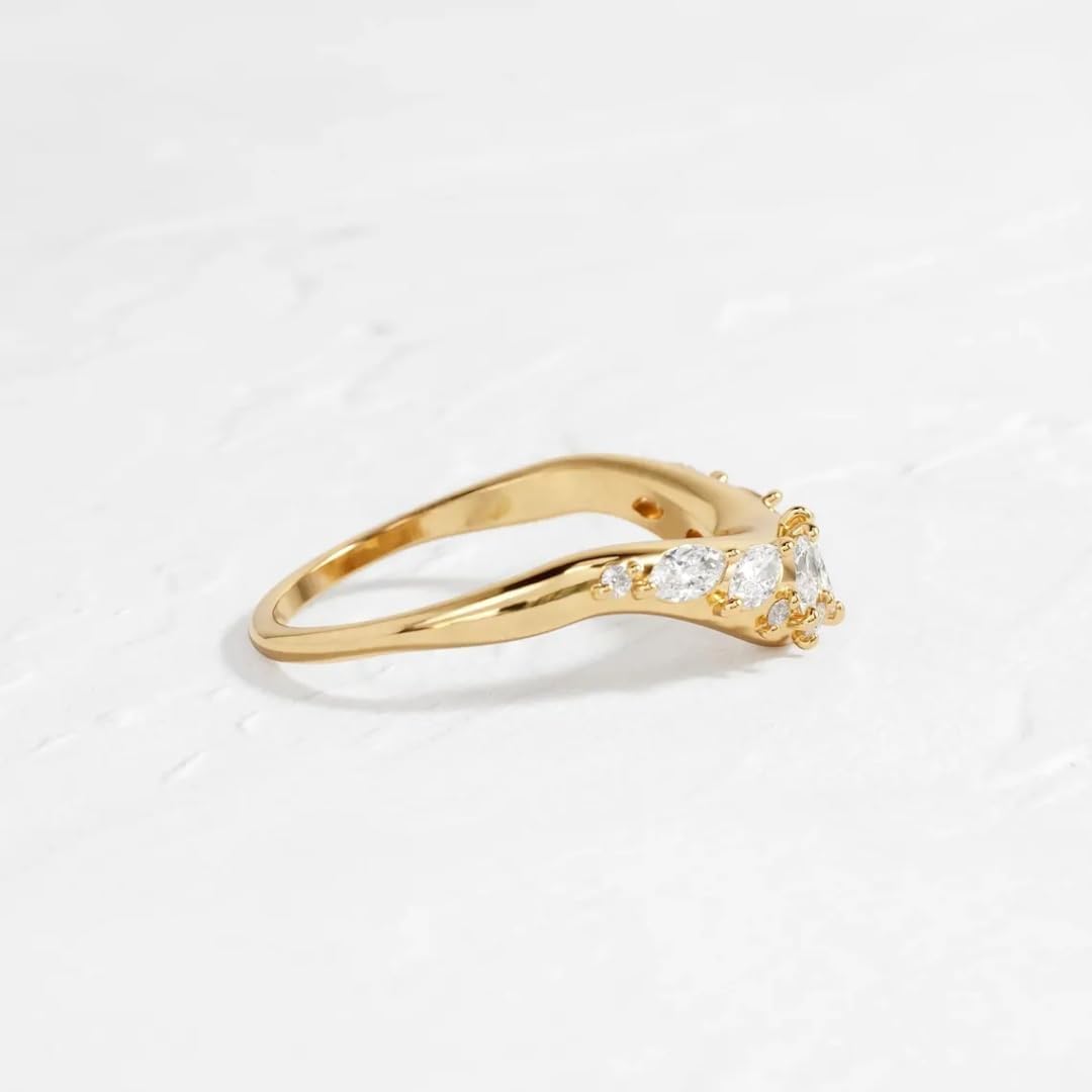 1.56 Ct Marquise & Round Cut East To West Diamond Chevron Engagement Band Ring For Women Jewelry 14k Gold Plated Elegant Wide Curved Ring 925 Sterling Silver Handmade Bridal Ring Gift For Her