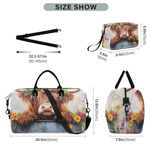 Travel Duffel Bag Highland Cow Bucket Floral, Gym Bags with Multiple Interior Pockets for Men Women Toiletry Purse Included 20.5”x 1.9” x 13.8”3