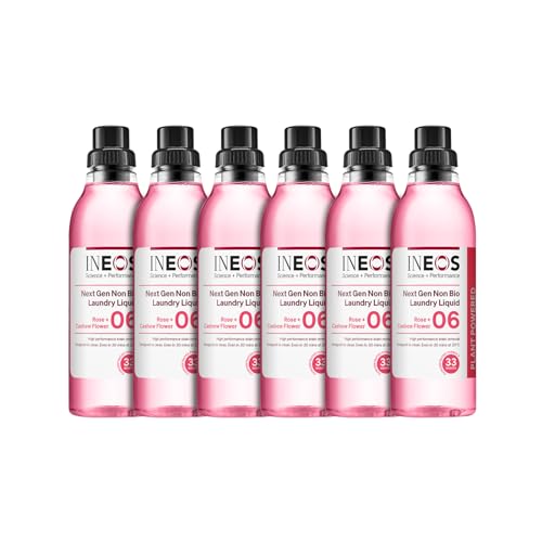 INEOS Next-Gen Non Bio Laundry Washing Liquid Detergent, 198 Washes (6 x 1L), High Performance Stain Remover For Clothes, Plant Powered, For Sensitive Skin, Rose + Cashew Flower, Packaging May Vary