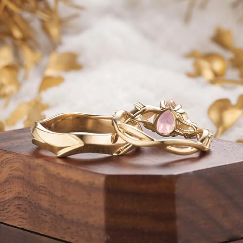 10K 14K 18K Gold 2.0ct Pear Gemstone Engagement Rings for Couples Nature Inspired Birthstone Leaf Vine Promise Anniversary wedding Jewelry for his and hers Bridal Set Size 4~153