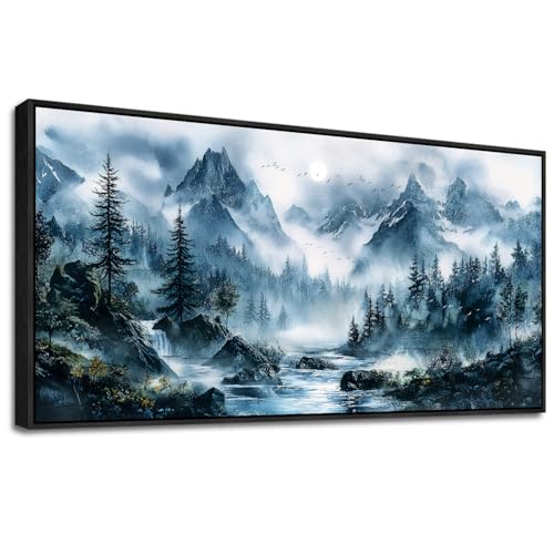 ERQINHUA Wall Decor For Bedroom Office Canvas Wall Art For Living Room Decorations Misty Forest Wall Paintings Tree Landscape Artwork Picture Modern Home Decor Ready To Hang Black Framed 20x40 In
