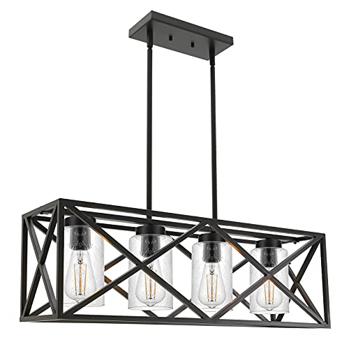 WINSHEN 4-Light Rectangle Chandelier for Dining Room, 30.4" Length, Contemporary Kitchen Island Pendant Lighting with Seeded Glass Shades
