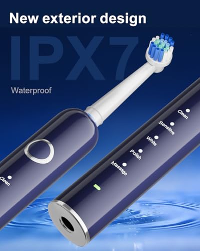 Image of Rotating Electric Toothbrush for Adults, 8 Brush Heads (2 Types) & Travel Case, 5 Cleaning Modes Rechargeable Power Toothbrush with 2-Minute Smart Timer, Blue