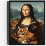 Merrleem Framed Canvas Wall Art Mona Lisa Holding Cat Portrait Picture Poster Famous Painting for Bedroom Bathroom Kitchen Decor