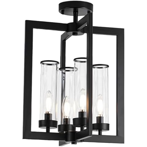 4-Light Modern Farmhouse Black Chandeliers for Entryway, Geometric Pendant Lights Kitchen Island, Hanging Industrial Metal Chandelier for Stairway Foyer Hallway Dining Room Cover