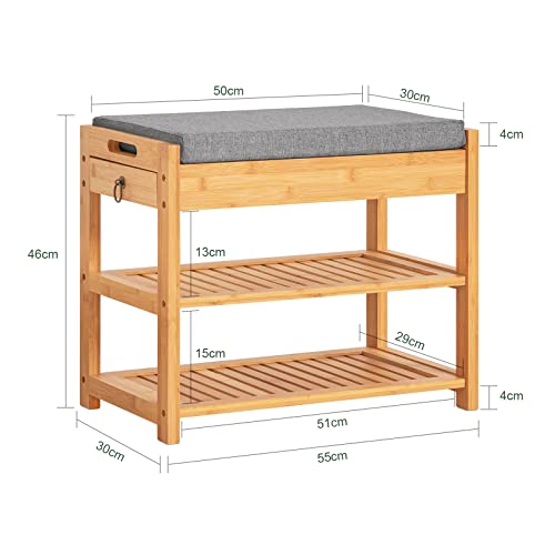 SoBuy Hallway Bamboo Shoe Rack with Seat Cushion and Drawer - 55x30x46cm Shoe Storage Bench with Seat for Entryway, Hallway Storage Organizer with Drawer W55 xD30xH46cm FSR49-N