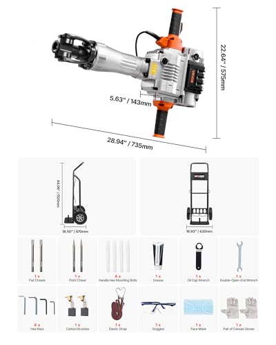 VEVOR Demolition Jack Hammer, 2100 W Powerful Electric Jackhammer, 1650 BPM Concrete Breaker with 2 Point Chisels, 2 Flat Chisels, Hand Trolley, Gloves, for Concrete, Wall, Brick, Tile and Foundation - Thumbnail 7
