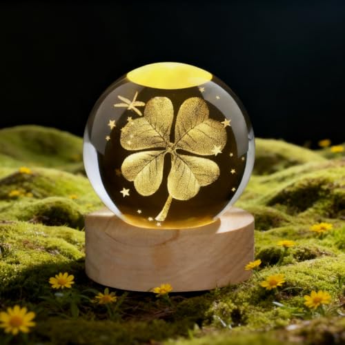 AWARDSEN 60 mm Kristallkugel Vierblättriges Kleeblatt Glücksbringer Prüfung, Glückssteine Briefbeschwerer Glaskugel Deko, Crystal Ball Kleine Geschenke