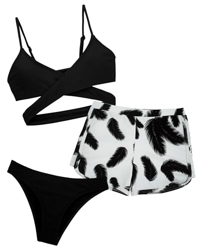 Happy Cherry - Bikini Tankini Niña Bañador Natación Niñas Traje de Baño Verano Playa Surf Chica 3 Piezas Conjunto de Baño Top de Triángulo Braguita Pantalones Cortos - 8-9 Años - Negro