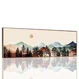 Boho Bedroom Decor - Watercolor Mountains Forest Sunrise Painting Pictures Bedroom Wall Decor Landscape Framed Canvas Wall Art For Living Room Office Wall Decorations (Brown Wooden Frame) 43x15inch