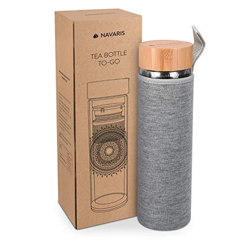 Navaris Glass Water Bottle with Tea Infuser - Double Walled Borosilicate Glass Travel Tumbler with Bamboo Lid and Non Slip Gray Neoprene Sleeve - 17oz by Navaris - Image 7
