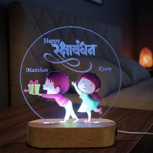 Image of White Glow Table Lamp - Personalized Raksha Bandhan LED Acrylic Photo Lamp for Brother & Sister | Custom Name Night Light with Cartoon Design | Customized Rakhi Gift for Brother from Sister