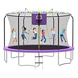8FT 10FT 12FT 14FT Outdoor Trampoline with Basketball Hoop and LED Lights, ASTM Approved Recreational Trampolines for Kids and Adults with Net and Ladder