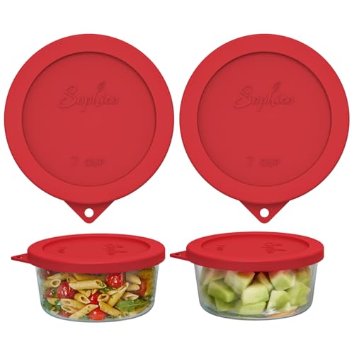 Sophico Round Silicone Storage Cover Lids Replacement for Anchor Hocking and Pyrex 7402-PC 6/7 Cup Glass Bowls (Container not Included) (Red - 2 pack)