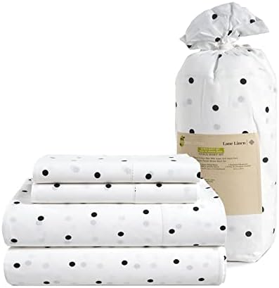 LANE LINEN 100% Organic Cotton King Sheets Set 4-Piece Pure Percale Bedsheets Bedding Breathable Fits Mattress Upto 15" Deep - Black Polka Dot