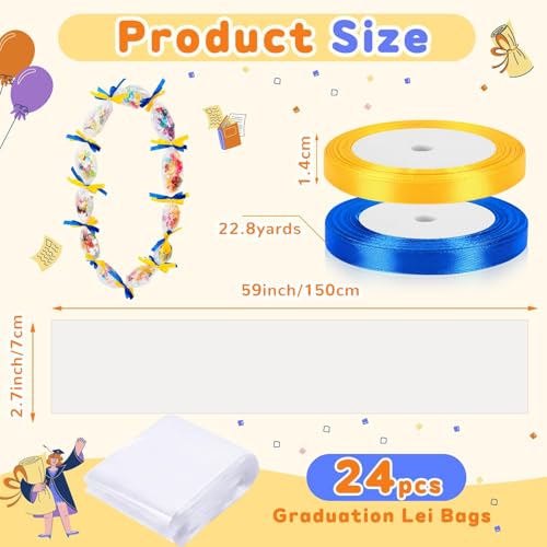DECYOOL 26pcs Graduation Candy Lei Tubing Bags Making Kit Include 24 Graduation Lei Bags 2 Rolls Ribbon Candy Dessert Filler for Graduation Party Supplies (Gold and Blue) by DECYOOL - Image 2