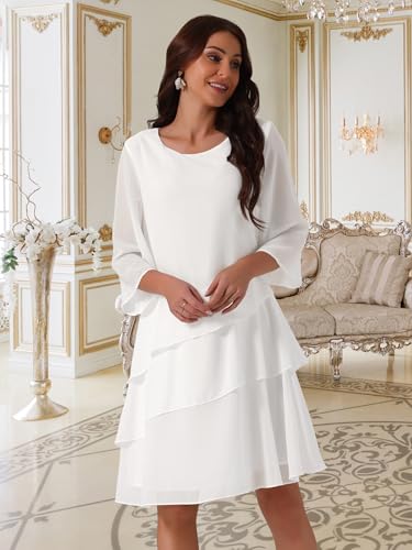 Image of Seta T Women's Chiffon Dresses 3 /4 Bell Sleeve Crewneck Tiered Layered Flowy Dress Party Wedding Outfits
