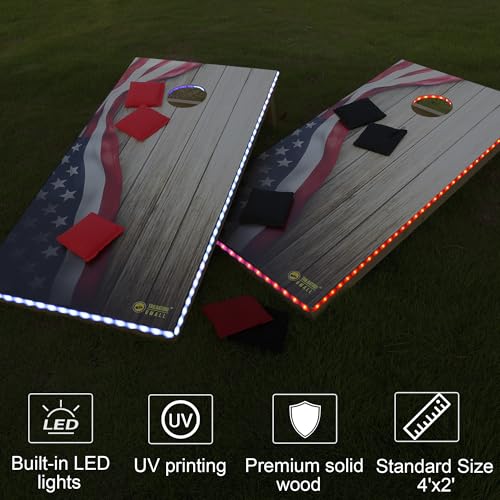 Tailgating Gmall LED Cornhole Board Set 4FTx2FT Solid Wood Regulation Size Cornhole Set with LED Lights Includes 8 Cornhole Bags for Adults (USA Flag, 4'x2')