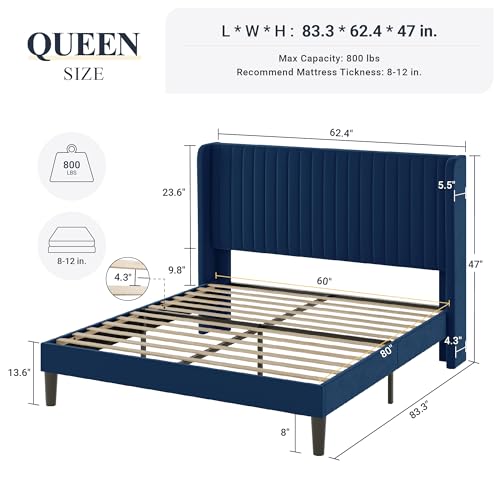 Allewie Queen Size Velvet Bed Frame/Vertical Channel Tufted Wingback Headboard/Upholstered Platform Bed/Strong Wooden Slats/No Box Spring Needed/Easy Assembly/Dark Blue