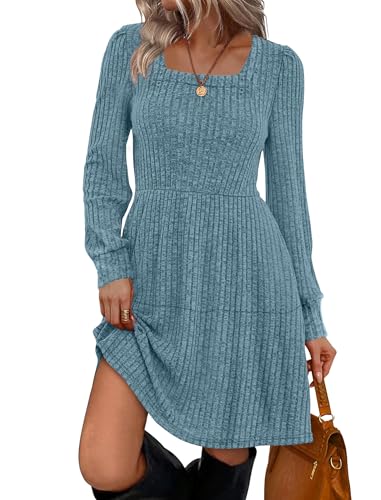 Image of Sampeel Womens Square Neck Long Sleeve Fall Dresses Casual Babydoll Sweater Dress