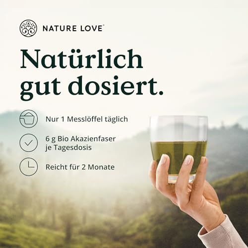NATURE LOVE® Bio Akazienfaser Pulver – 360 Gramm – 80% Ballaststoffe, löslich, geschmacksneutral & vielseitig einsetzbar – 60 Portionen – vegan, laborgeprüft & in Deutschland produziert