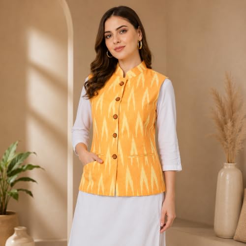 Image of Vastraa Fusion Women's Ikat Cotton Nehru Jacket Printed Waistcoat Sleeveless Mandarin Collar Button Front Ethnic Casual Wear