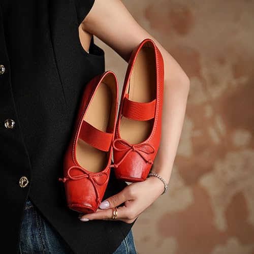 Leather Ballet Flats Shoes for Women Dressy Square Toe Bow Mary Jane Flats with Elastic Band Comfort Casual Walking Shoes3