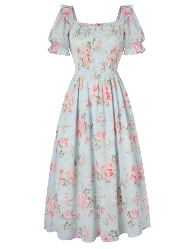 Image of Scarlet Darkness Floral Dress for Women Summer Puff Sleeve Square Neck A Line Flowy Wedding Guest Tea Party Dresses