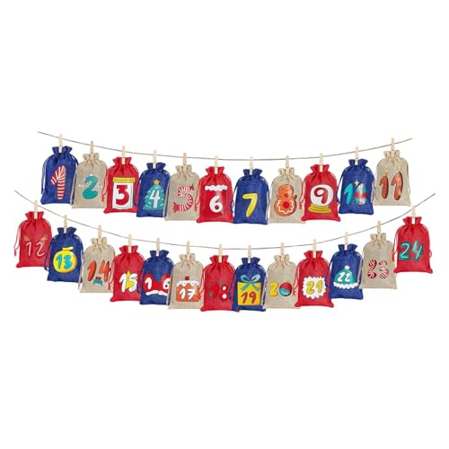 Fancyes 24 peças de sacos de calendário de advento de Natal com clipes de madeira, suprimentos para festas, lembrancinhas, sacos de presente, bolsa de estopa, Linho Azul Vermelho