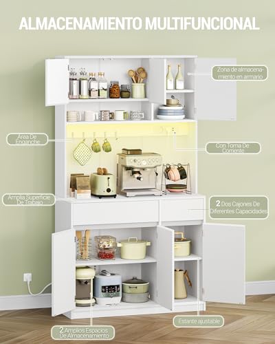 Miniatura 5 de Hzuaneri Alacena De Cocina, 180 Cm Aparador Comedor, Aparador Cocina Con Regleta Y Tira De Luces Led, Encimera Y 2 Cajones, Estantes Regulables,Área Culinaria, Salón, Blanco Pt00203xeu