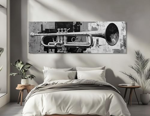 Affiche de trompette jazz vintage sur toile noire et blanche pour salon en 35x105 cm