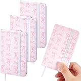 Qeeenar 4 Pcs Mini Leather Pocket Notebook 4 x 2.5 Inch Small Hardcover Notebook 50 Sheets Hardcover Mini Notepad Tiny Lined Journal for Office Home School Writing Supplies (Pink Bow)